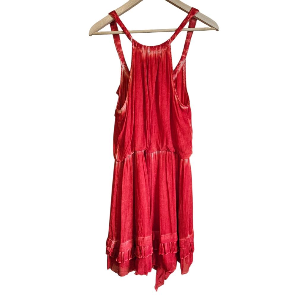 Free People Size Medium Coral Red Acid Wash Asymmetrical Ruffle Mini Dress - Picture 6 of 6